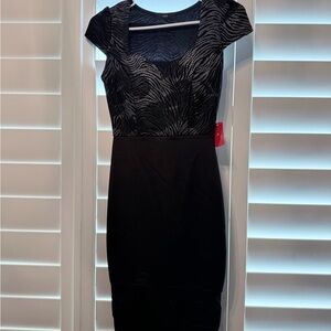 Black Zebra-Textured Cap-Sleeve Sheath Dress
